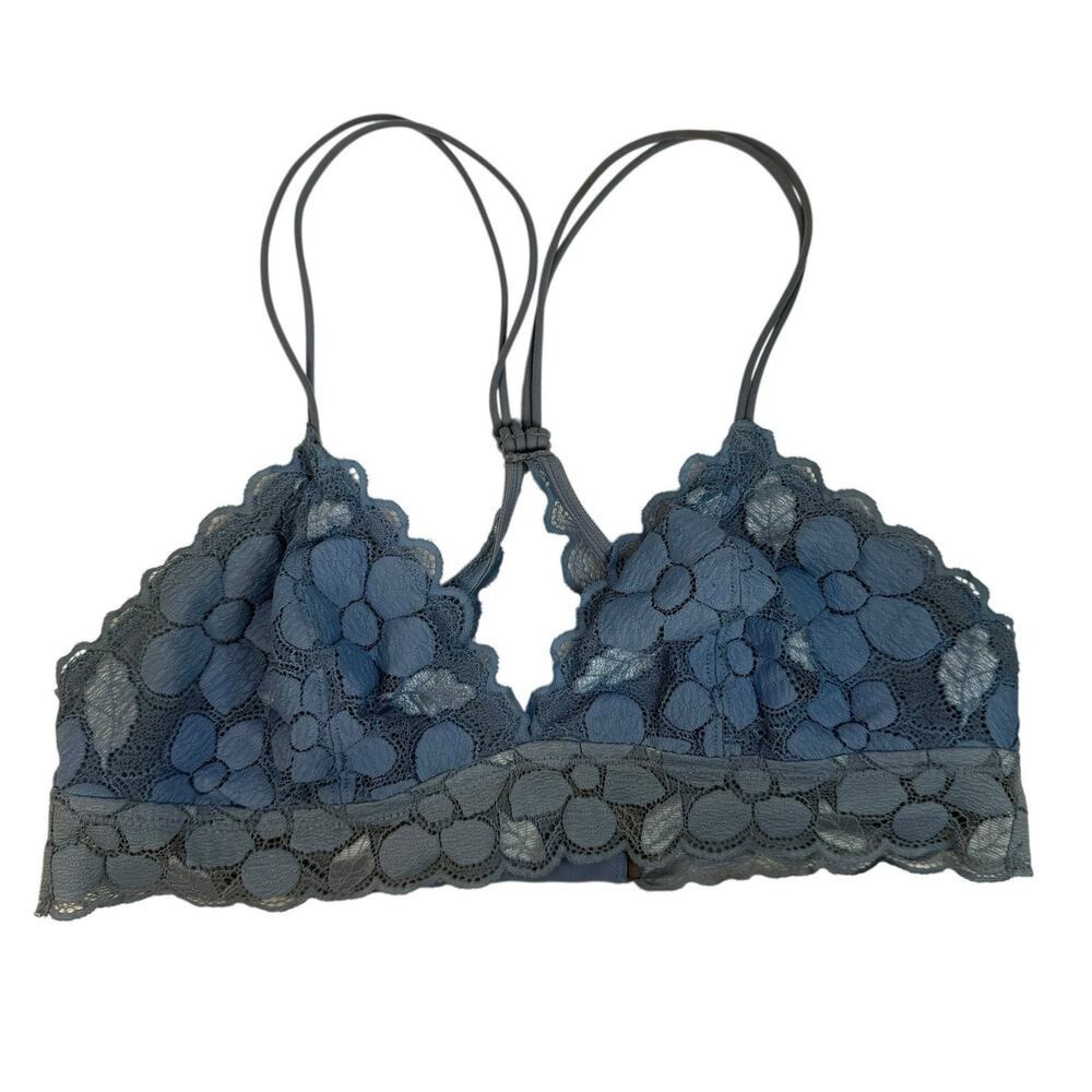 Aerie L Large Lace Bralette Bra Wireless Blue Racerback Pullover Lightly Lined